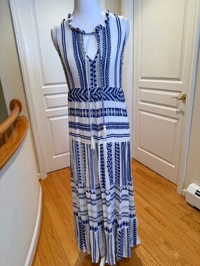 Japna White Maxi Dress with Navy Geometric Print, Pom poms and lots of ruffles,
